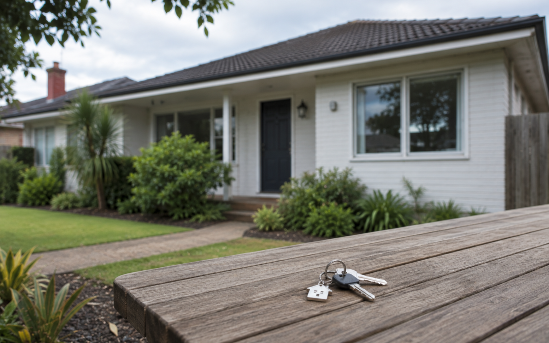 House keys on a timber table in front of a white Australian rental home