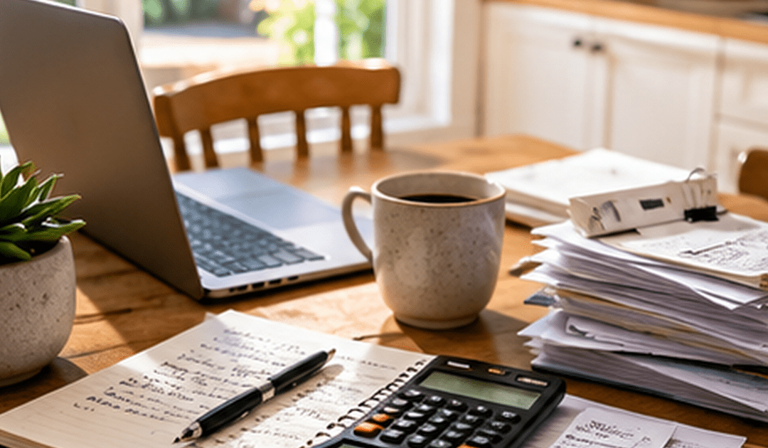 Kitchen table with a laptop, coffee and household paperwork while reviewing finances