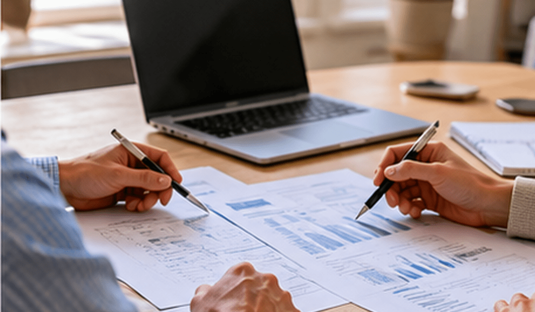Two people reviewing financial documents and a laptop at a desk