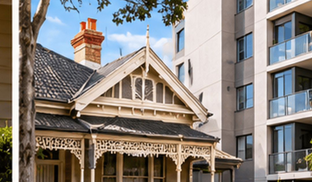 A period house beside a modern apartment building on an Australian street