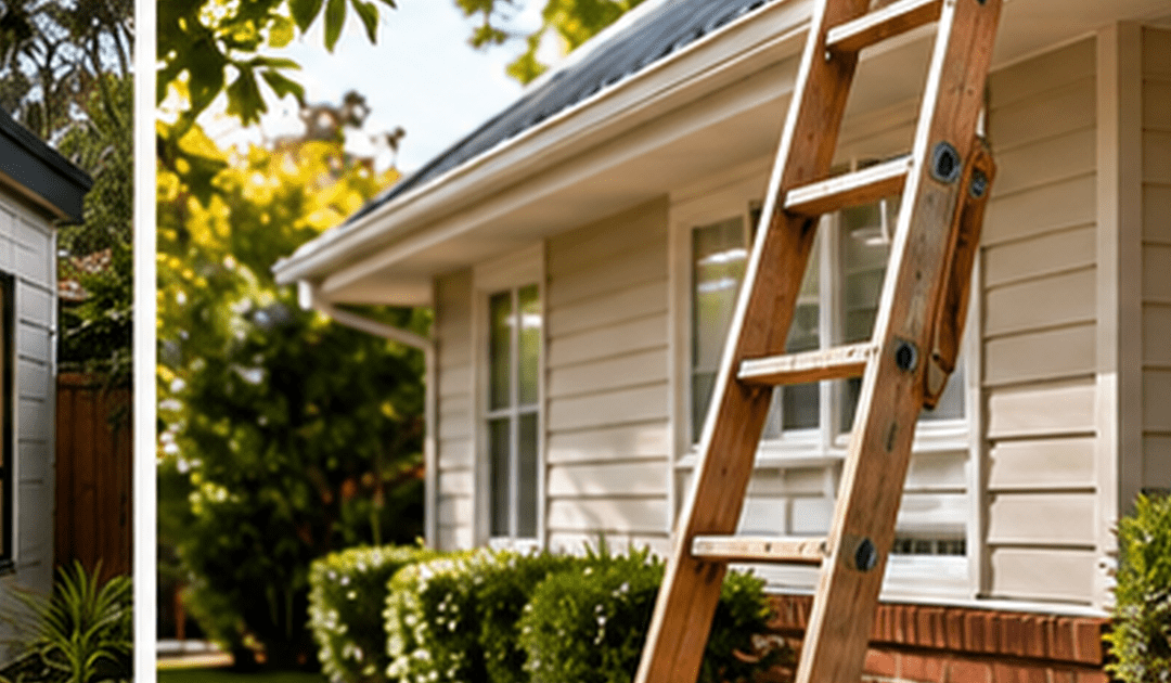 Timber ladder against the gutter of a well-kept house during maintenance