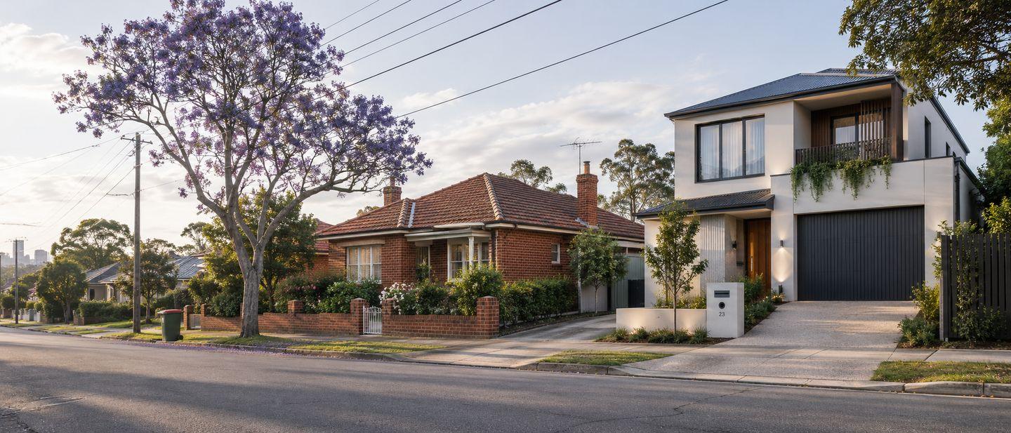 An established 1950s red brick and tile home beside a recently completed two storey new build on the same suburban street.