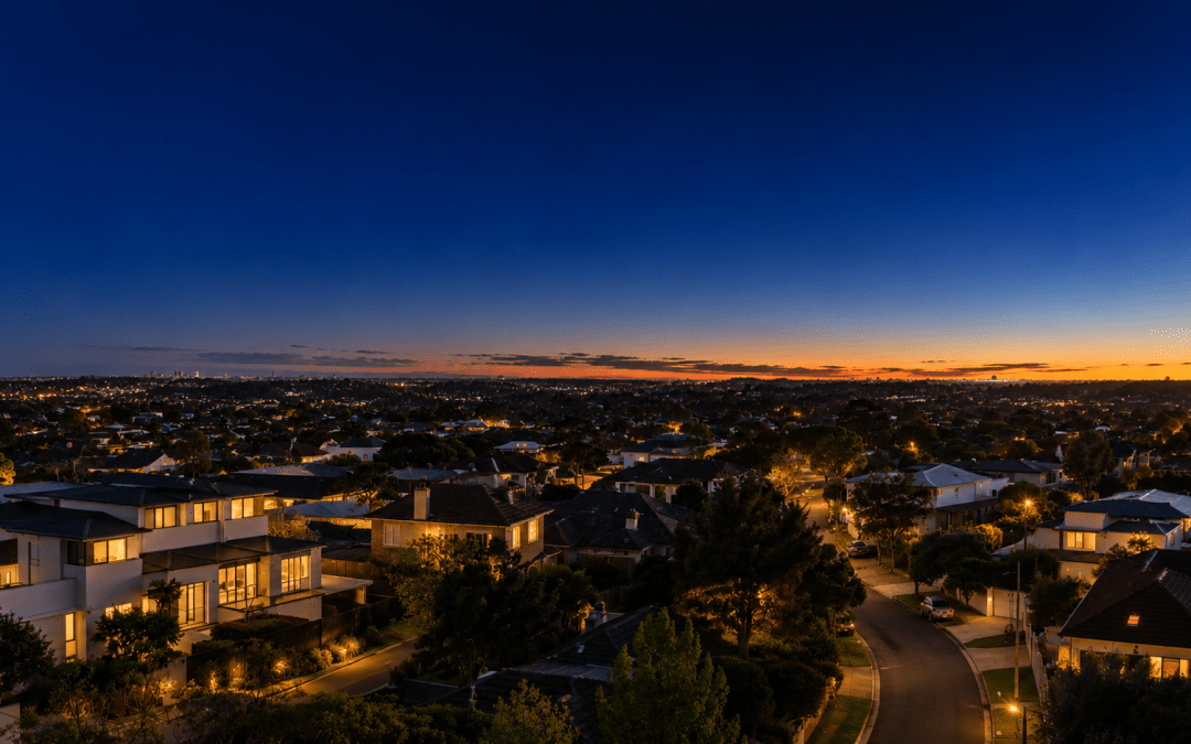 Suburban rooftops at dusk with city lights on the horizon, illustrating cross-border property investment